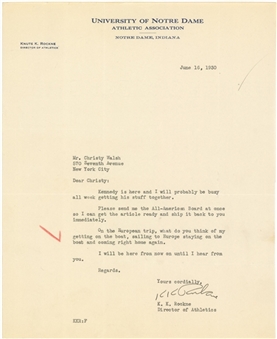 1930 Knute Rockne Signed Typed Letter To Christy Walsh (PSA/DNA & Letter of Provenance)